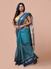 Laa Calcutta Green & Blue pure cotton stripe and checked design taant saree for women