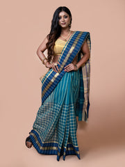 Laa Calcutta Green & Blue pure cotton stripe and checked design taant saree for women