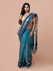 Laa Calcutta Green & Blue pure cotton stripe and checked design taant saree for women