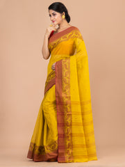 Yellow & Brown pure cotton woven design taant saree