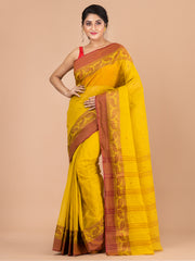 Yellow & Brown pure cotton woven design taant saree