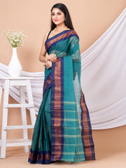 Green & Blue Floral woven design pure cotton taant saree
