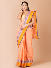 Peach & Multi pure cotton woven design taant saree