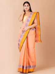 Peach & Multi pure cotton woven design taant saree