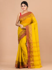 Yellow & Brown pure cotton woven design taant saree