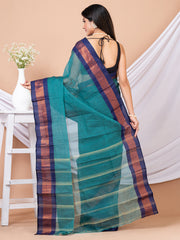 Green & Blue Floral woven design pure cotton taant saree