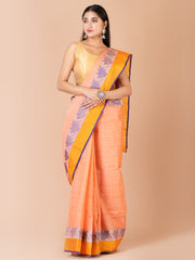 Peach & Multi pure cotton woven design taant saree