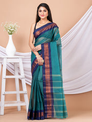 Green & Blue Floral woven design pure cotton taant saree