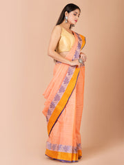 Peach & Multi pure cotton woven design taant saree