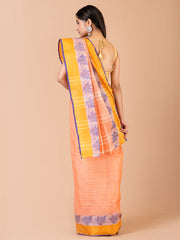 Peach & Multi pure cotton woven design taant saree
