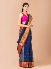 Navy Blue & Red pure cotton woven design taant saree