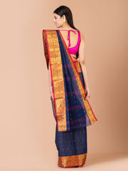 Navy Blue & Red pure cotton woven design taant saree