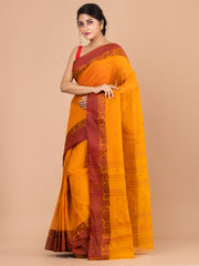 Yellow & Maroon pure cotton woven design taant saree