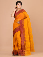 Yellow & Maroon pure cotton woven design taant saree
