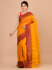 Yellow & Maroon pure cotton woven design taant saree