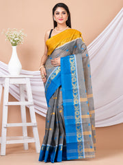 Grey & Multi Floral woven design pure cotton taant saree
