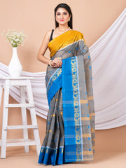 Grey & Multi Floral woven design pure cotton taant saree