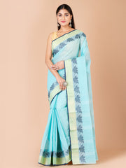 Sea Green & Navy Blue pure cotton woven design taant saree