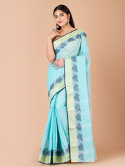 Sea Green & Navy Blue pure cotton woven design taant saree