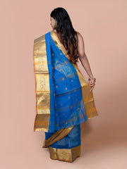 Laa Calcutta Blue & Yellow pure cotton woven design Zari per Taant saree for women