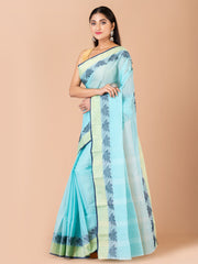 Sea Green & Navy Blue pure cotton woven design taant saree
