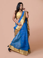 Laa Calcutta Blue & Yellow pure cotton woven design Zari per Taant saree for women