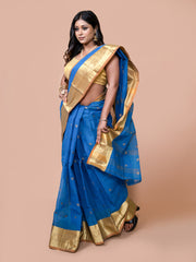 Laa Calcutta Blue & Yellow pure cotton woven design Zari per Taant saree for women