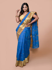 Laa Calcutta Blue & Yellow pure cotton woven design Zari per Taant saree for women