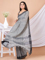 White & black cotton checked handloom saree