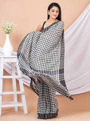 White & black cotton checked handloom saree