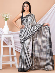 White & black cotton checked handloom saree
