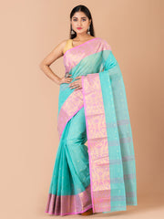 Sea Green & Pink pure cotton woven design taant saree