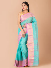 Sea Green & Pink pure cotton woven design taant saree