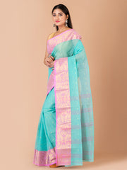 Sea Green & Pink pure cotton woven design taant saree