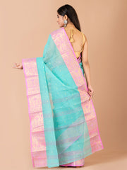 Sea Green & Pink pure cotton woven design taant saree