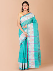Sea Green & Multi pure cotton taant saree