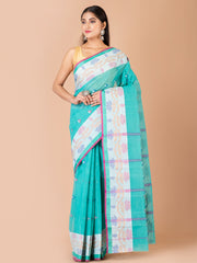Sea Green & Multi pure cotton taant saree