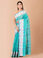 Sea Green & Multi pure cotton taant saree