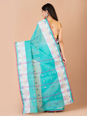 Sea Green & Multi pure cotton taant saree