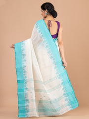 Off White & Sea Green pure cotton woven design taant saree