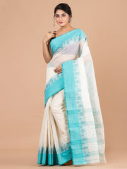 Off White & Sea Green pure cotton woven design taant saree