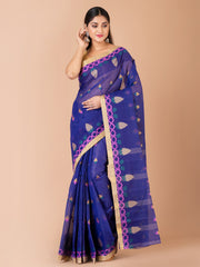 Navy Blue & Multi pure cotton woven design taant saree