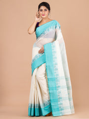 Off White & Sea Green pure cotton woven design taant saree