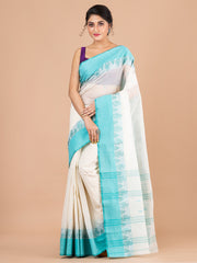 Off White & Sea Green pure cotton woven design taant saree