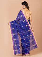 Navy Blue & Multi pure cotton woven design taant saree