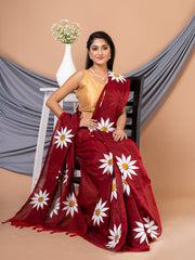 Laa Calcutta Maroon & White Pure cotton Sunflower design Handloom Saree