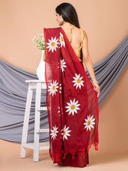 Laa Calcutta Maroon & White Pure cotton Sunflower design Handloom Saree