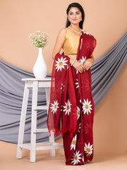 Laa Calcutta Maroon & White Pure cotton Sunflower design Handloom Saree