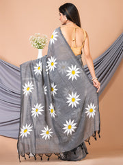 Laa Calcutta Grey & White Pure cotton Sunflower design Handloom Saree