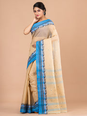Beige & Blue pure cotton woven design taant saree